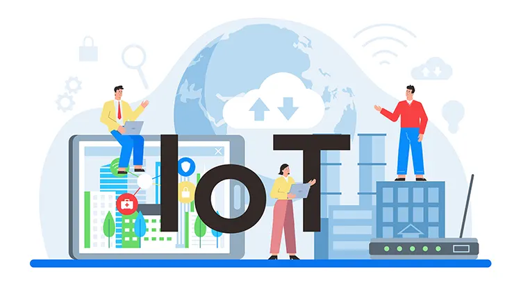 Illustration showing a complete IoT ecosystem with connected devices, cloud data exchange, dashboards, analytics, and remote monitoring across web and mobile platforms.