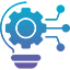 Abstract graphic icon with a gradient of bright to deep blue, featuring blocky and pixelated shapes in various shades of blue and hints of light purple, suggesting a complex or digital concept like innovation.