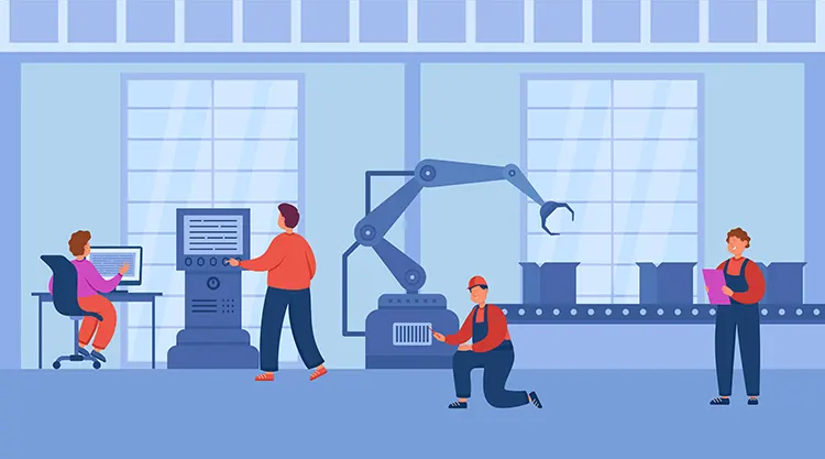 Industrial automation illustration representing customized solutions for manufacturing, energy management, water treatment, and food processing to improve efficiency and safety.