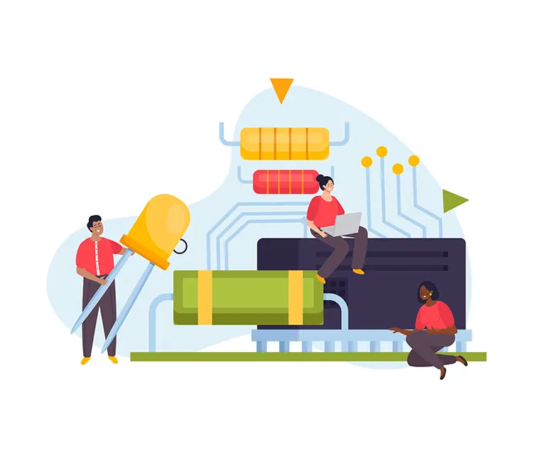 Engineers conceptualizing custom hardware designs with electronic components, circuits, and embedded systems.