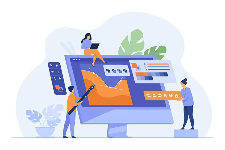 Illustration of designers collaborating on a computer screen, creating digital graphics and UI elements.
