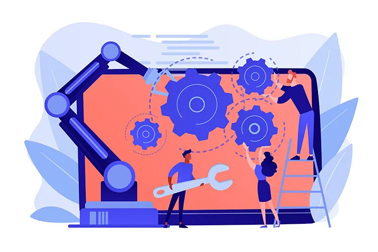 Illustration of reverse engineering with engineers examining mechanical gear systems and a robotic arm.