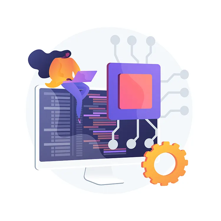 Illustration of a developer working on embedded software with a computer screen, microchip circuitry, and gear symbolizing hardware integration and system control.